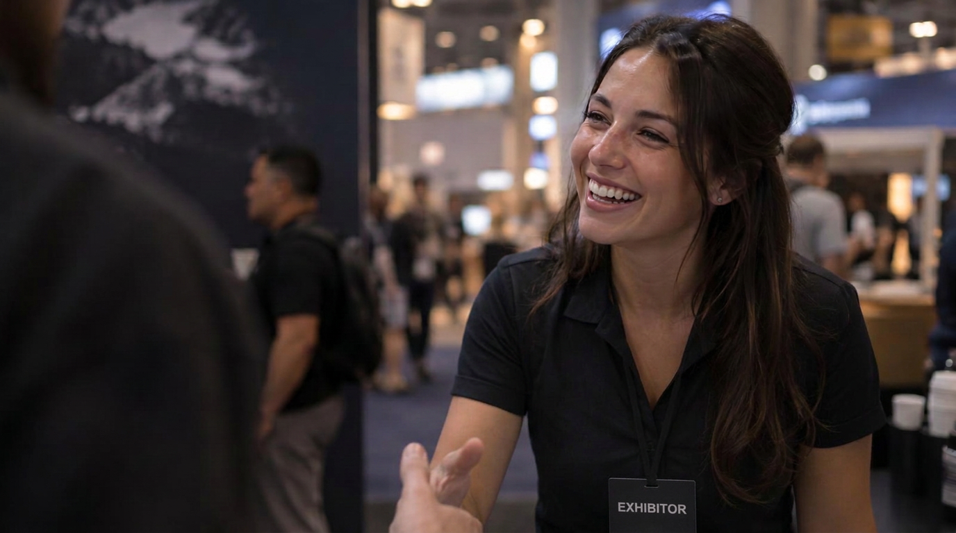 A VYBE brand ambassador smiling while working a Las Vegas trade show booth